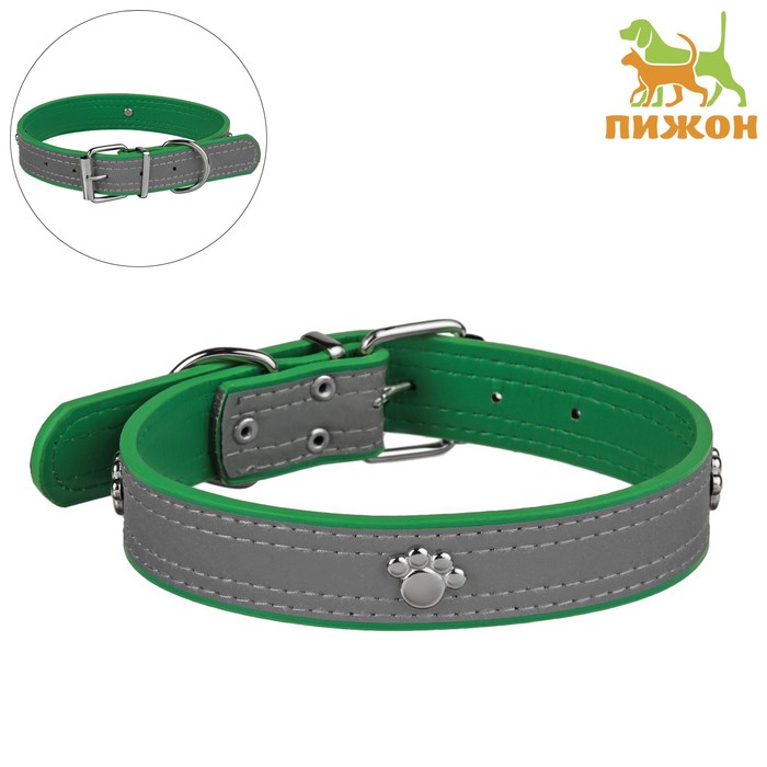 Ошейник "Лапки" со светоотражающей полосой, 59х3 см, искусственная кожа, зелёный