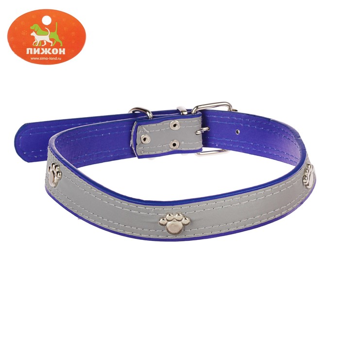Ошейник "Лапки" со светоотражающей полосой, 59х3 см, искусственная кожа, синий