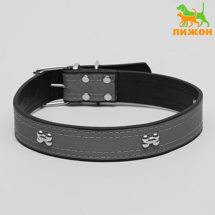 Ошейник широкий со светоотражающей полосой и косточками, 66 х 3,5 см, черный