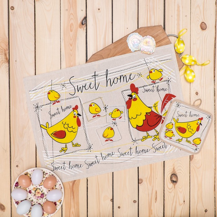 Кухонный набор "Семья"(полотенце 45х60+прихватка 18х18, 50% хл.,50% лён,160 г/м2