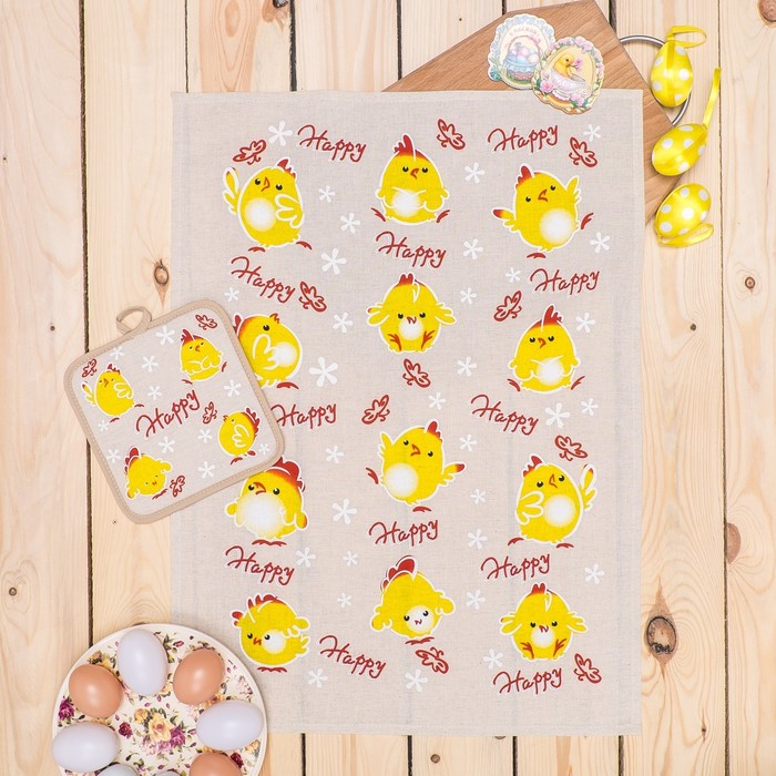 Набор "Цыплята танцуют"(полотенце 45х60+прихватка 18х18),50% хл.,50% лён,160 г/м2