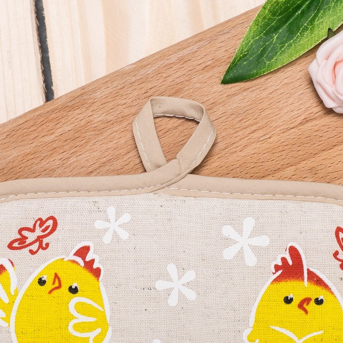 Прихватка полулён "Цыплята танцуют" 18х18 шелкография