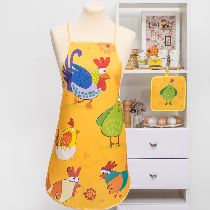 Кухонный набор "Петушки" (фартук,прихватка) рис 6-17 ,печать , поролон, 100% пэ, 200 г/м2