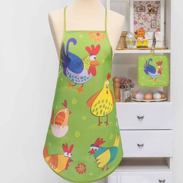 Кухонный набор "Петушки" (фартук,прихватка) рис 7-17 , печать , поролон, 100% пэ, 200 г/м2