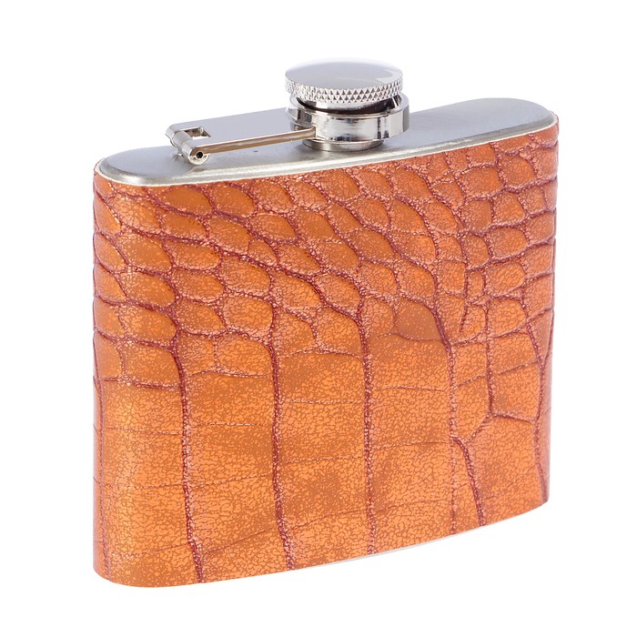 Фляжка 150 мл, металл, кожзам, под змею, лакированная, коричневая, 9х9.5 см