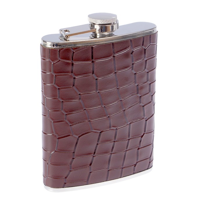 Фляжка 240 мл, металл, кожзам, лакированная, под змею, коричневая, 9х12 см
