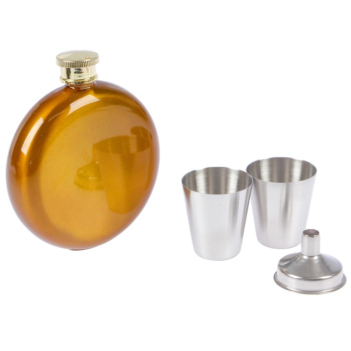 Набор 4в1 (фляжка круглая 150 мл+воронка+2 рюмки), хромированный, 17х21.5 см