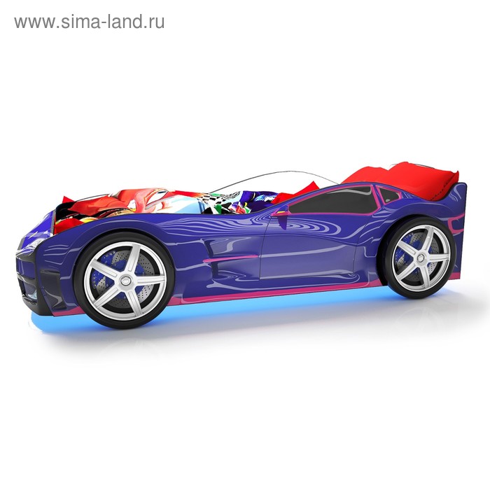 фото Кровать машина «турбо синяя», подсветка дна и фар, пластиковые колёса, 2 шт