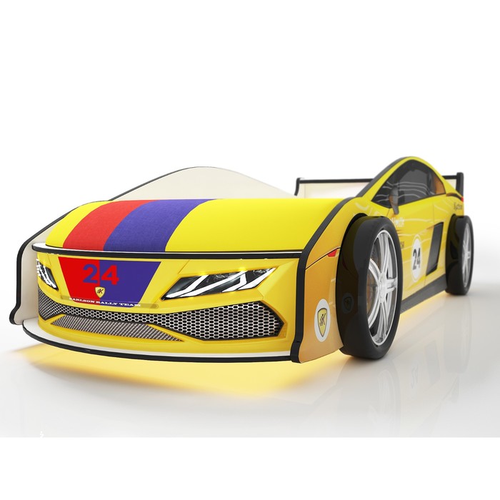 Кровать-машина «Ламба жёлтая» + матрас, с подсветкой дна и фар + пласт. колёса (2 шт)