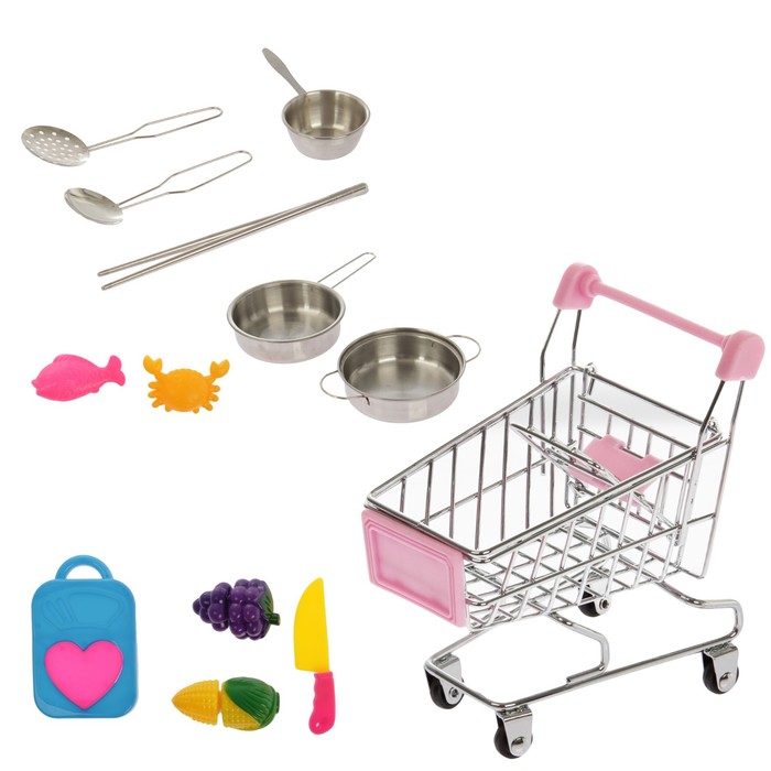 Набор металлической посуды "Шеф-повар" с продуктами для резки и тележкой