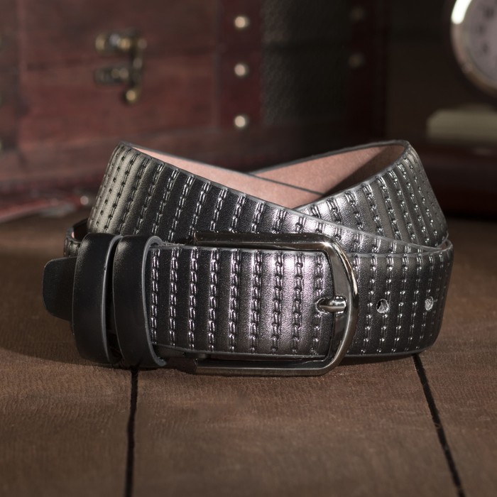 Ремень мужской, пряжка тёмный металл, ширина - 4 см, цвет чёрный