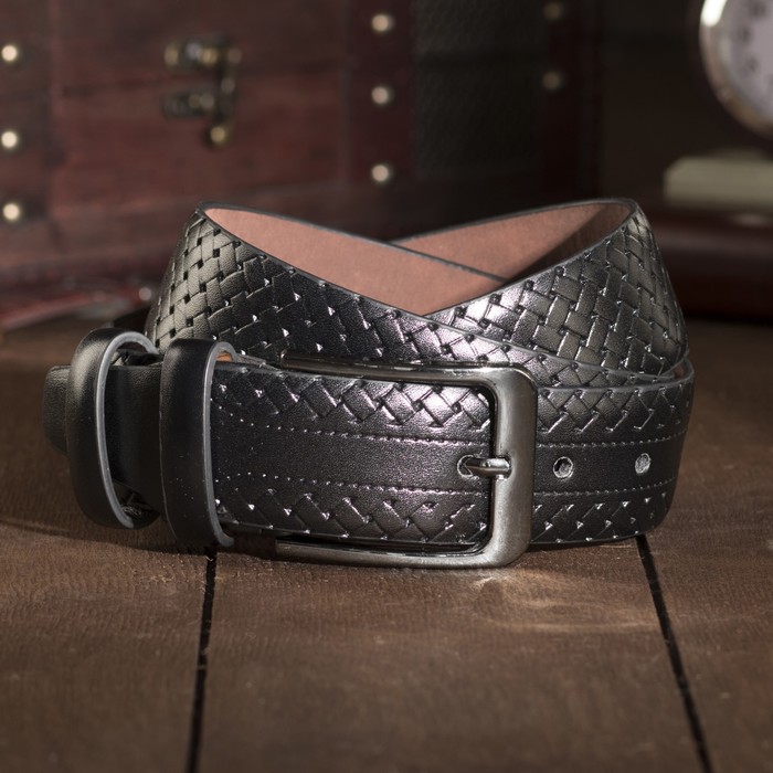 Ремень мужской, пряжка тёмный металл, ширина - 4 см, цвет чёрный