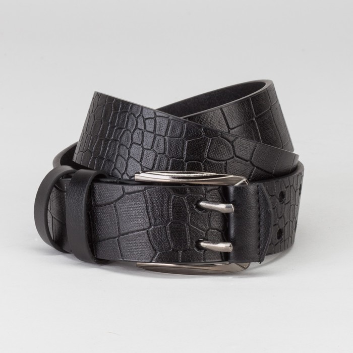 Ремень мужской, рептилия, пряжка тёмный металл, 2 прокола, ширина - 4 см, цвет чёрный