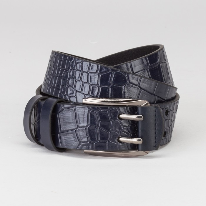 Ремень мужской, крокодил, пряжка тёмный металл, 2 прокола, ширина - 4 см, цвет синий