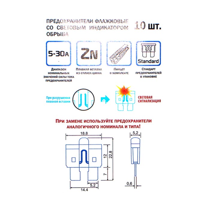 Предохранители флажковые Dollex, с индикатором обрыва, с пинцетом, набор 10 шт.