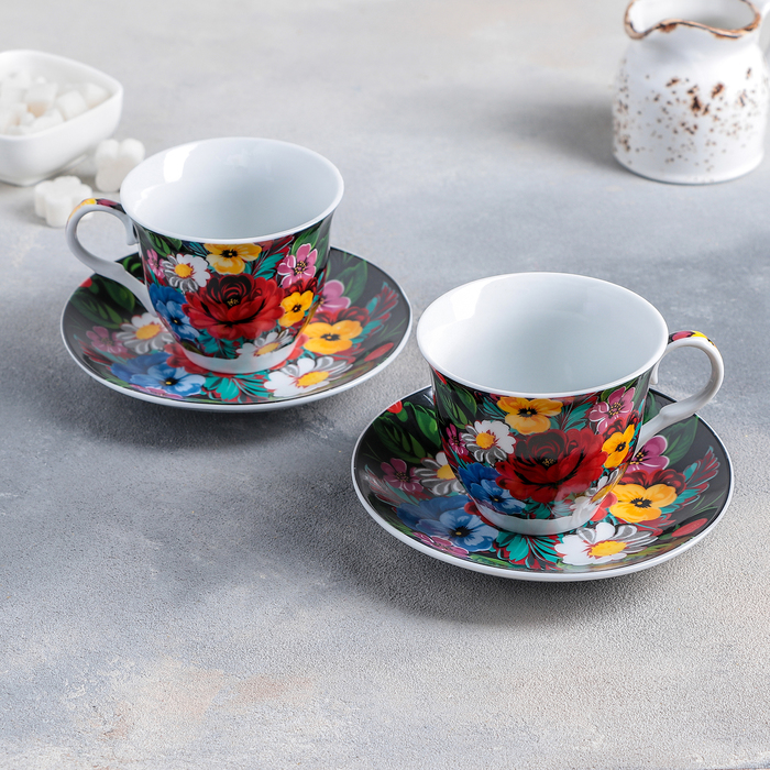 Сервиз чайный "Жостово", 4 предмета: 2 чашки 210 мл, 2 блюдца