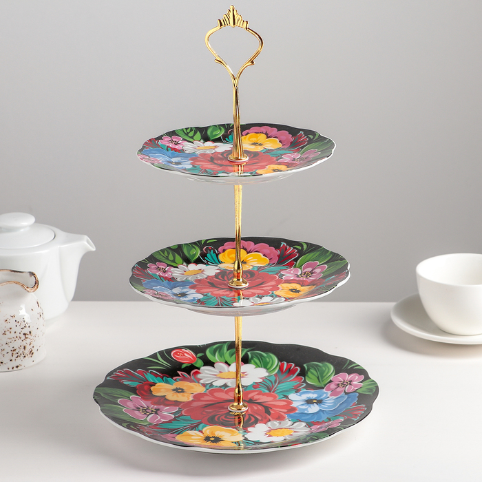 Блюдо 3 яруса "Жостово" 15/17,8/22,8 см