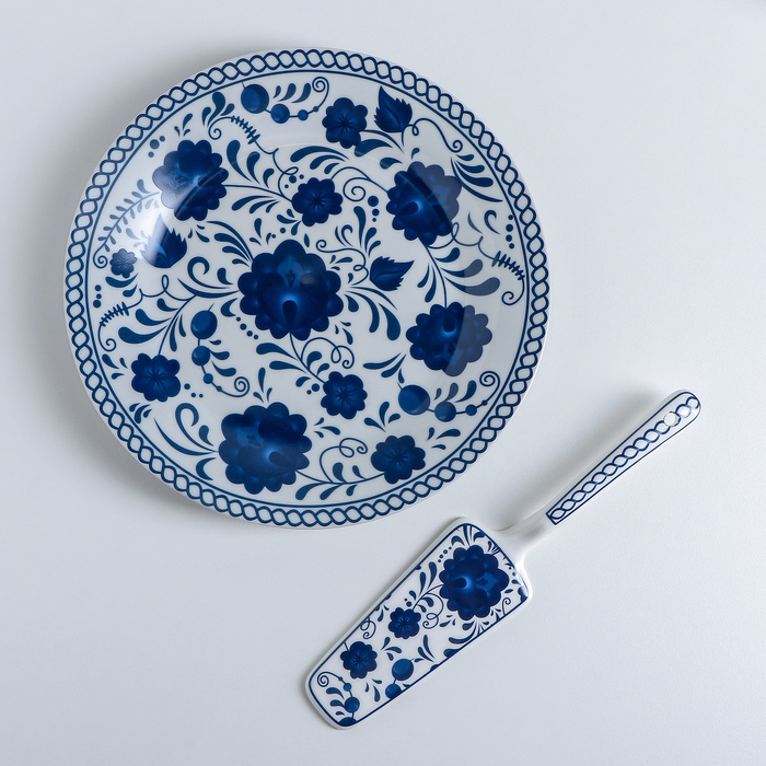 Тортовница 22,8 см "Гжель", лопатка 24х5,5 см
