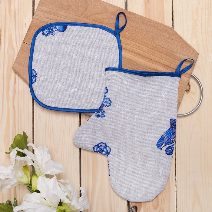 Набор «Птицы» под гжель: фартук, полотенце (40 × 75 см), варежка, прихватка (18 × 18 см), хлопок (100 %), рогожка,160 г/м²