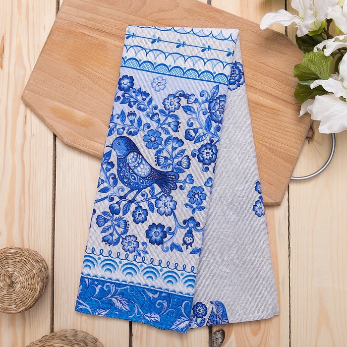 Набор «Птицы» под гжель: фартук, полотенце (40 × 75 см), варежка, прихватка (18 × 18 см), хлопок (100 %), рогожка,160 г/м²