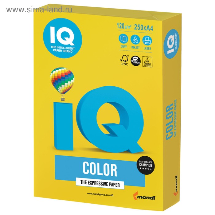 Бумага цветная А4 250 л, IQ COLOR Intensive, 120 г/м2, желтая, IG50