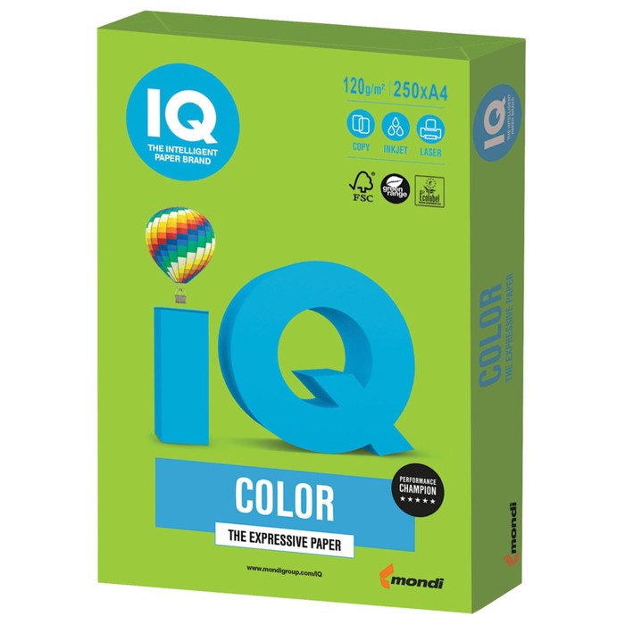 Бумага цветная А4, 250 листов IQ COLOR Intensive, 120г/м2, MA42-ярко-зелёная