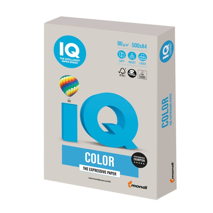 Бумага цветная А4, 500 листов IQ COLOR, 80г/м2, GR21-серая