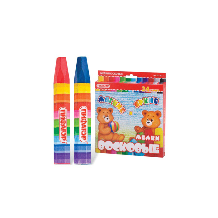 Мелки восковые утолщенные 24 цв ПИФАГОР, на масл осн, яркие цвета, 222972