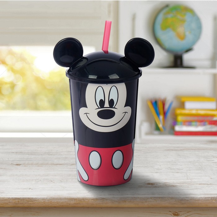 Стакан 400 мл "Микки Маус", с соломинкой и крышкой