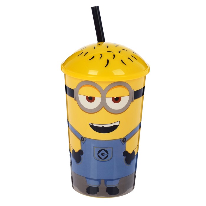 Стакан 400 мл "Миньоны", с соломинкой и крышкой