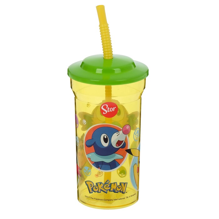 Стакан 460 мл "Покемон" с соломинкой и крышкой, прозрачный