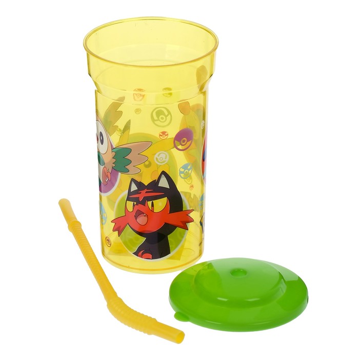 Стакан 460 мл "Покемон" с соломинкой и крышкой, прозрачный