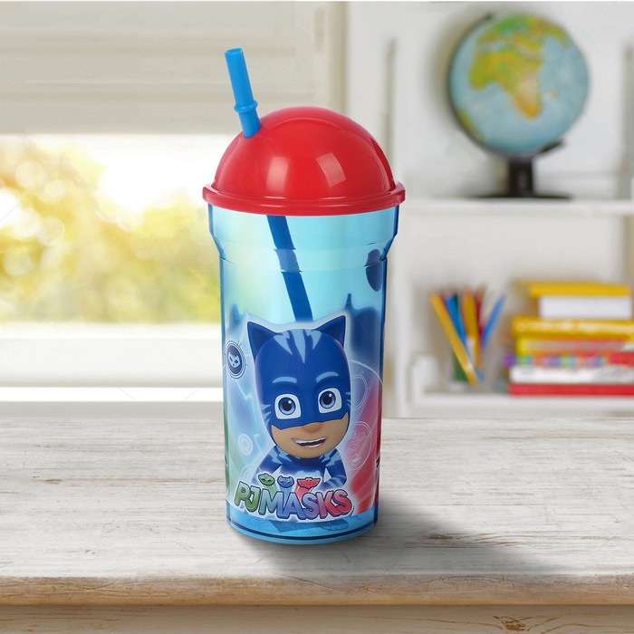 Стакан 460 мл "Герои в масках", с соломинкой и крышкой-полусферой, прозрачный