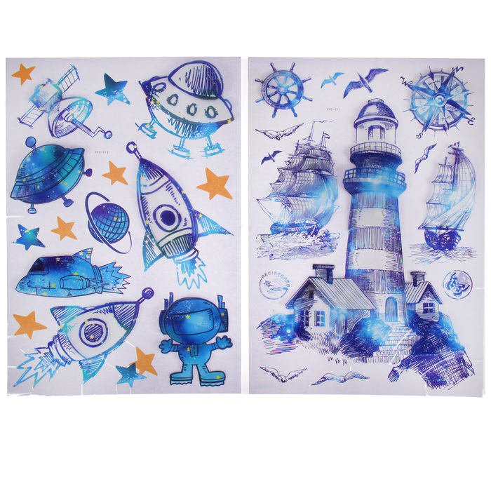 Наклейка пластик 7D "Маяк/Ракеты" МИКС синяя 65х36 см