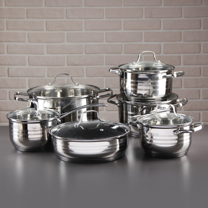 Набор посуды "Мейдлин", 6 предметов: ковш 2 л, 4 кастрюли с мерными шкалами 2/2,5/3/6 л, сковорода 25,5 см с мраморным покрытием, с крышками