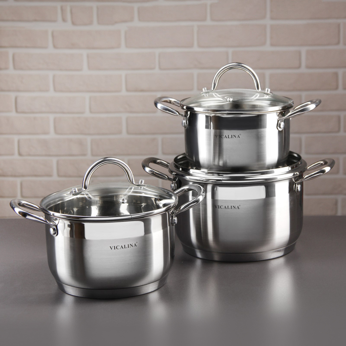 Набор посуды "Монта", 6 предметов: ковш 1,5 л, 4 кастрюли с мерными шкалами 1,5/2/2,5/5 л, сковорода 27,5 см, крышки