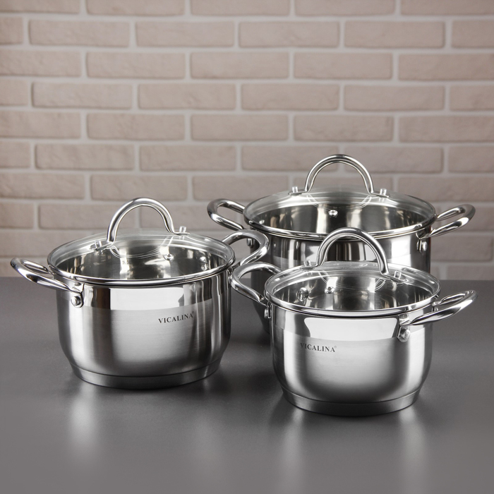 Набор посуды "Монта", 6 предметов: ковш 1,5 л, 4 кастрюли с мерными шкалами 1,5/2/2,5/5 л, сковорода 27,5 см, крышки