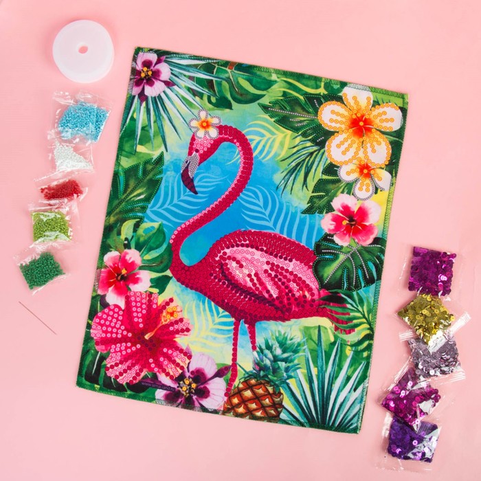 Вышивка бисером и пайетками "Фламинго", 28 х 35 см