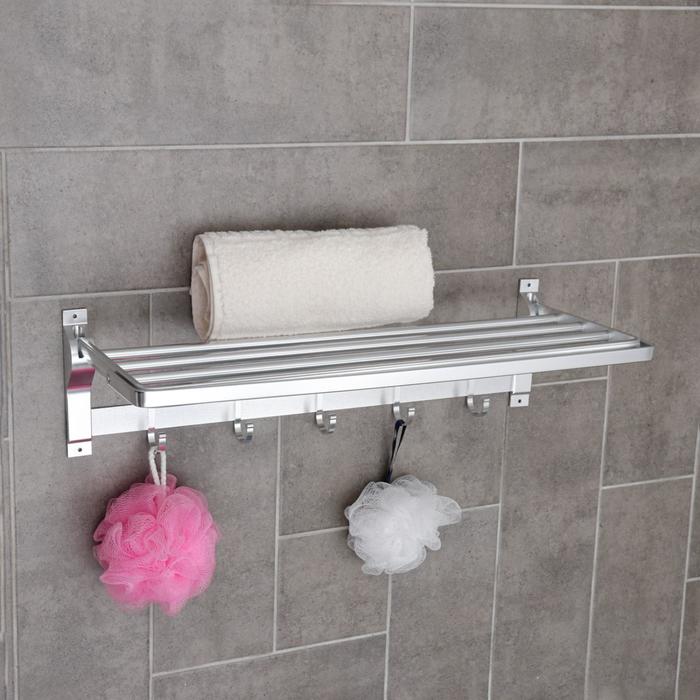 Полка откидная с держателем полотенец, 5 крючков 58х23х15 см, алюминий ,