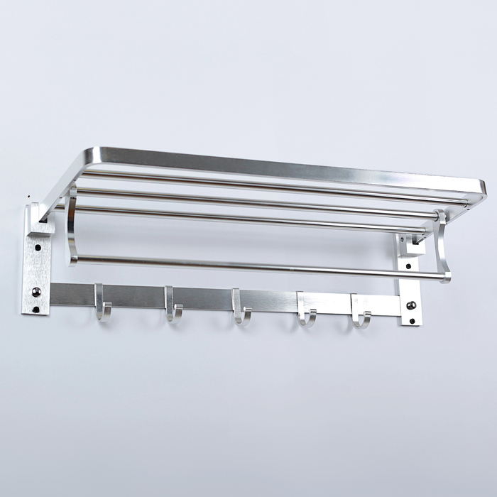 Полка откидная с держателем полотенец, 5 крючков 56х14,5х22 см, алюминий ,