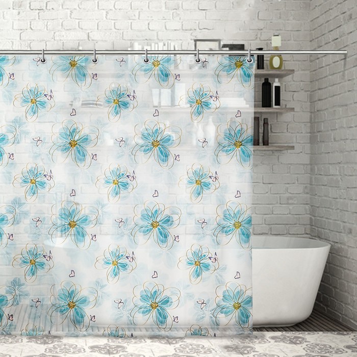 Штора для ванной "Бабочки с ромашками", 180х180 см, PEVA