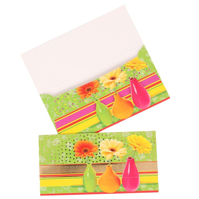 Конверт для денег "Универсальный" герберы, зелёный фон