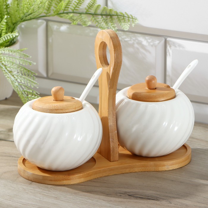 Набор банок для сыпучих продуктов 300 мл "Эстет", 2 шт, на деревянной подставке, 2 ложки