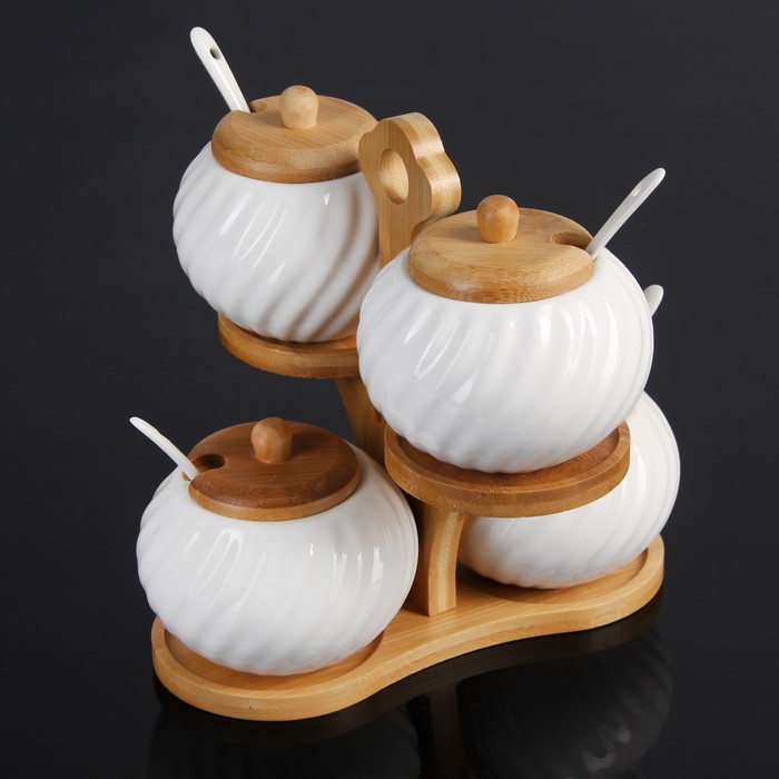 Набор банок для сыпучих продуктов 300 мл "Эстет. Волна", 4 шт, на деревянной подставке, 4 ложки