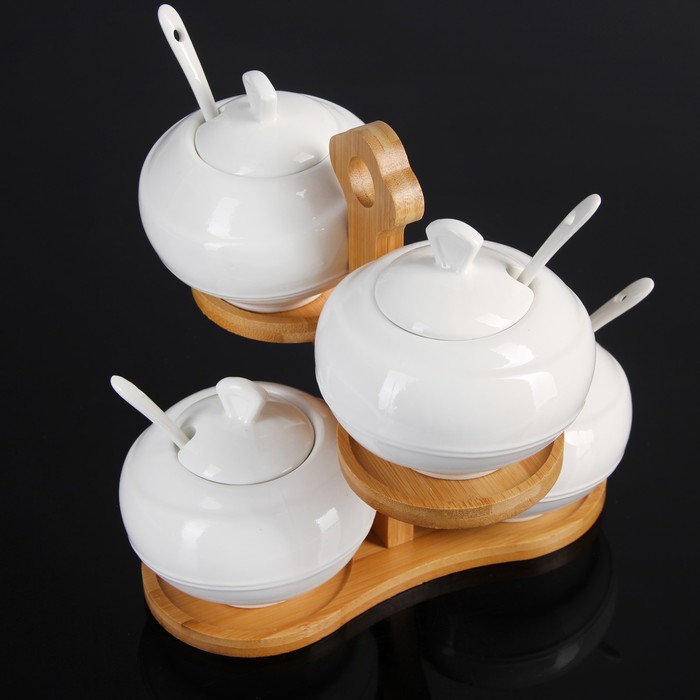 Набор банок для сыпучих продуктов 300 мл "Эстет", 4 шт, на деревянной подставке, 4 ложки