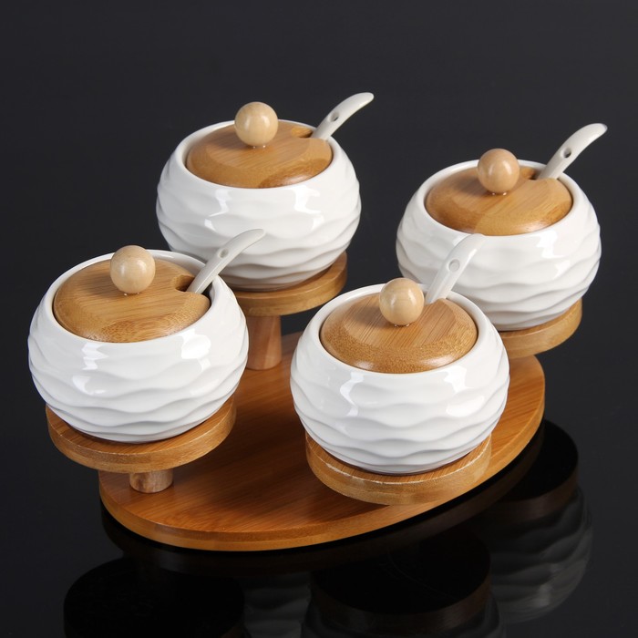 Набор банок для сыпучих продуктов 200 мл "Эстет. Гнездо", 4 шт, на деревянной подставке, 4 ложки