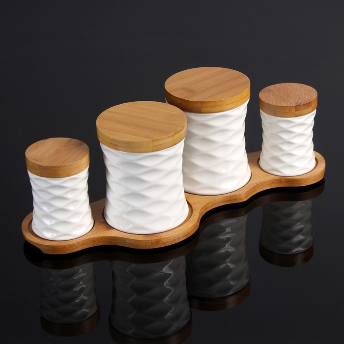Набор банок для сыпучих продуктов 150/600 мл "Эстет. Гнездо", 4 шт, на деревянной подставке