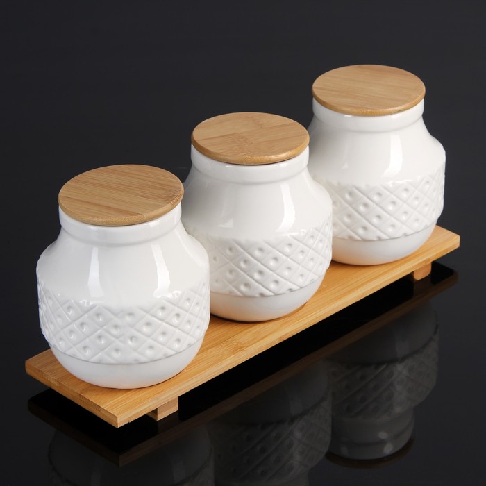 Набор банок для сыпучих продуктов 1 л "Эстет. Орнамент", на деревянной подставке, 3 шт