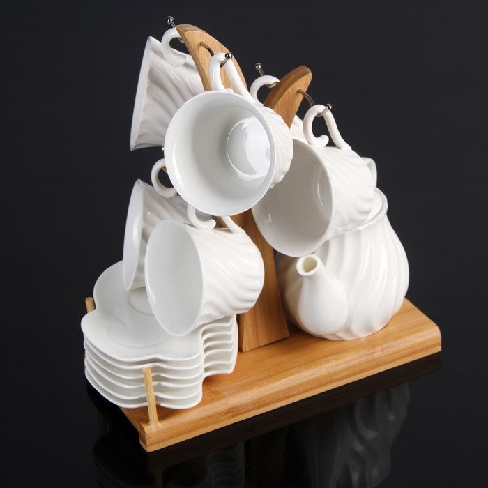 Набор чайный "Эстет", 13 предметов: чайник 500 мл, 6 чашек 160 мл, 6 блюдец 13 см, на деревянной подставке