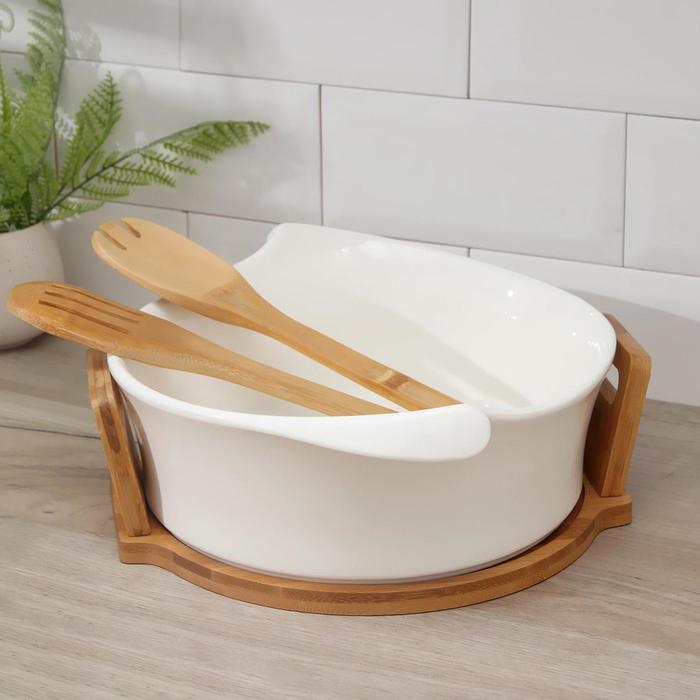 Салатник 2,4 л "Эстет", с ложкой и вилкой, на деревянной подставке